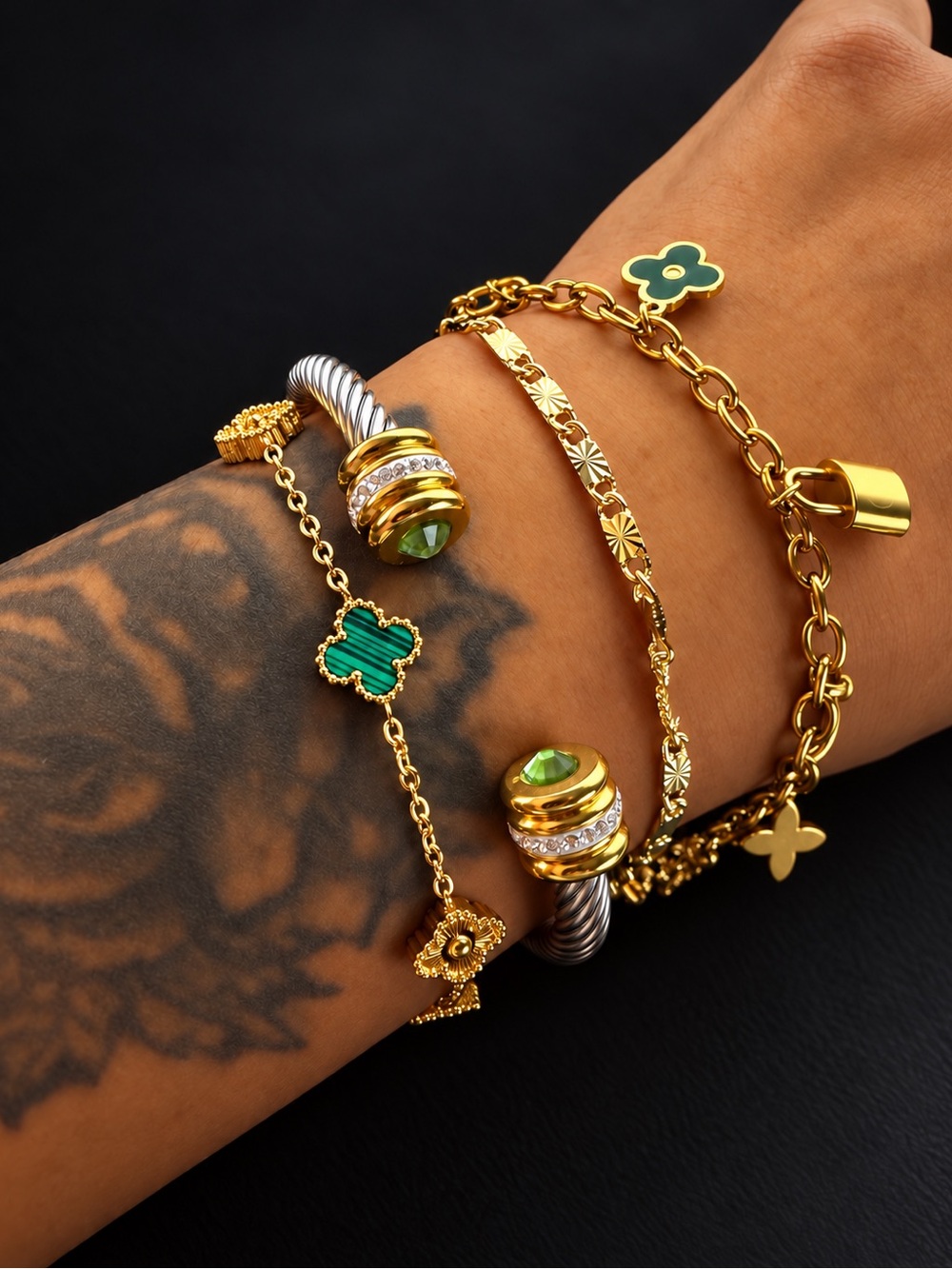 Gold and Green Layered Bracelet Set for Women